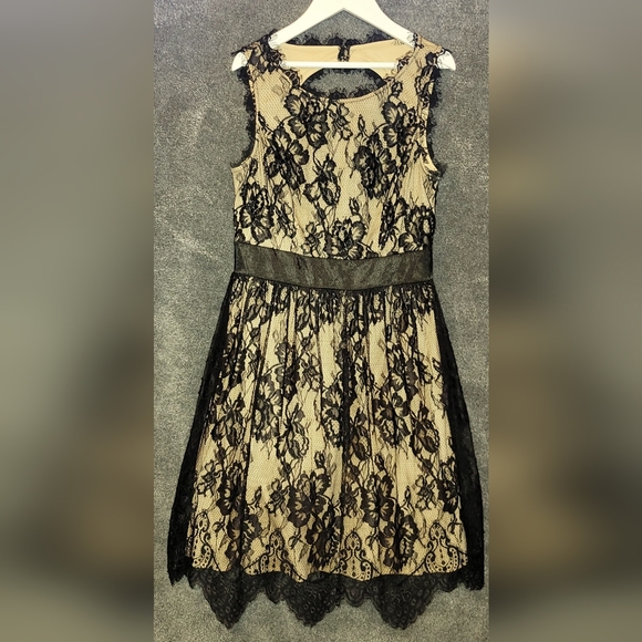 EUC Betsy & Adam Lace Cocktail Dress Black/Cream Underlay Sleeveless Zipper Back - Picture 2 of 6